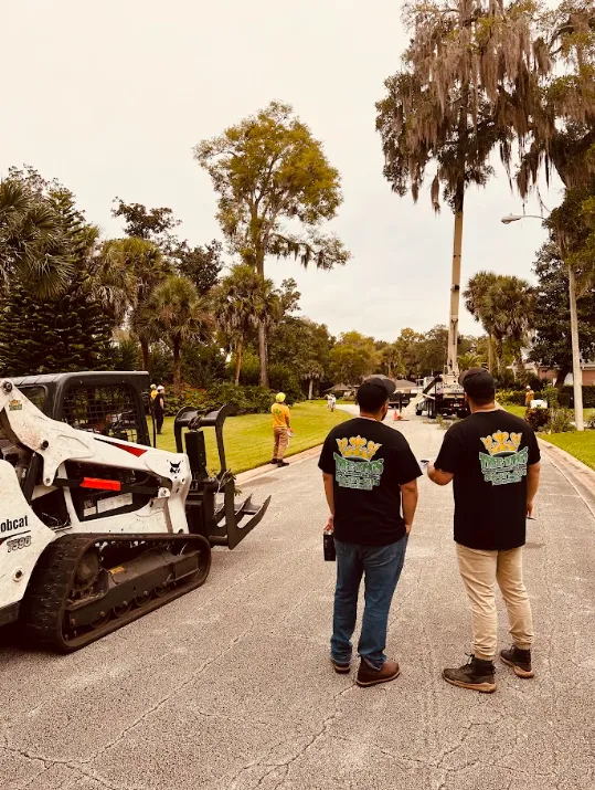 Two Tree Kings Florida crew members reviewing a jobsite next to a bobcat